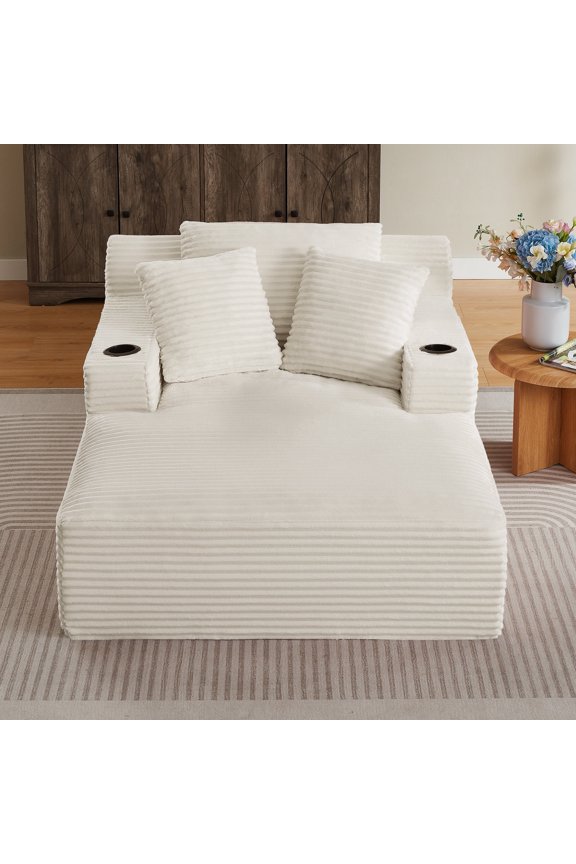Oversized Chaise Lounge with Corduroy Upholstery, No Assembly Required, White