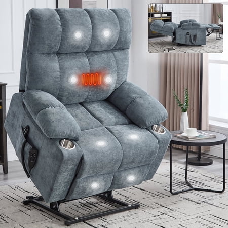 FFZ Power Lift Recliner with Dual Motor, 8-Point Massage, Lumbar Heat, Dual Cup Holders, Grey-blue
