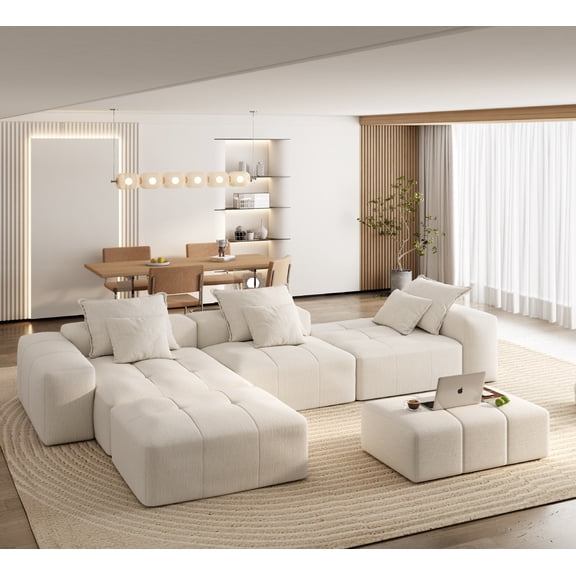 FFZ Oversized Modular Sectional Sofa with Sparkling Chenille Fabric and Tufted Design, Beige+white