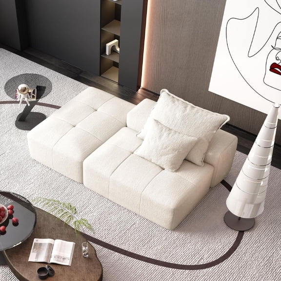 FFZ Oversized Modular Sectional Sofa with Sparkling Chenille Fabric and Tufted Design, Beige+white