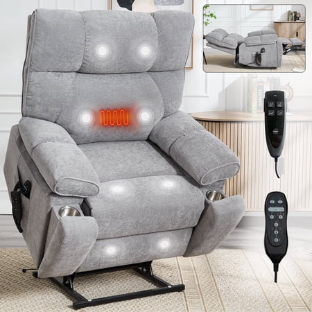 FFZ Large Electric Power Lift Recliner with Dual Motor, Heat Massage, Hidden Cup Holders, 350 LBS, Gray
