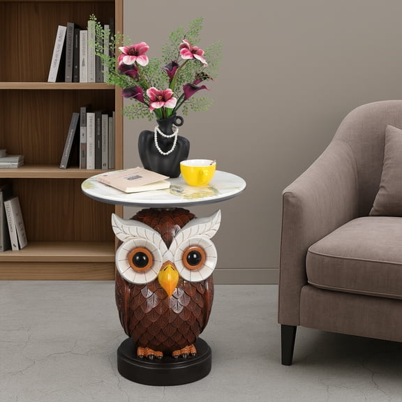 FFZ Owl Accent Table Animal Statue End Table for Living Room, Brown