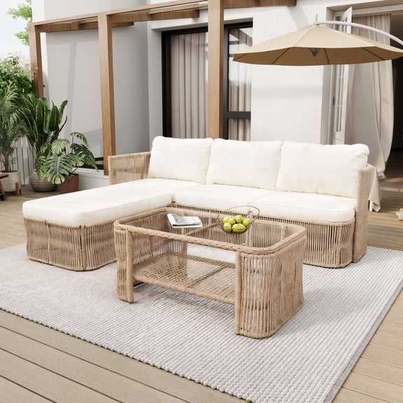 FFZ 84.9 inch Outdoor PE Rattan Chat Set with Iron Frame, Glass Top Table and Cushions, Beige