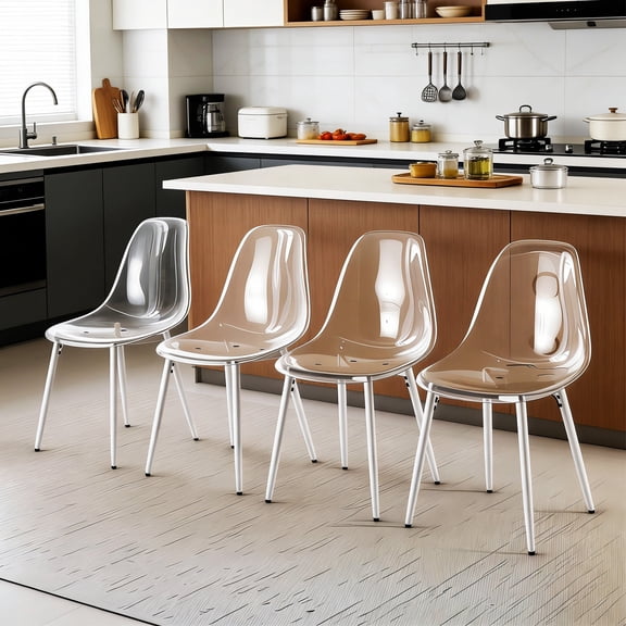 FFZ Set of 4 Clear Plastic Dining Chairs with Metal Legs, 19.68 x 18.3 x 33.46 inch, Matte White