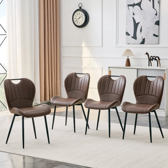 FFZ Set of 4 PU Dining Chairs with Integrated Handle and Metal Frame, 19.6 x 15 x 34 inch, Black+Brown