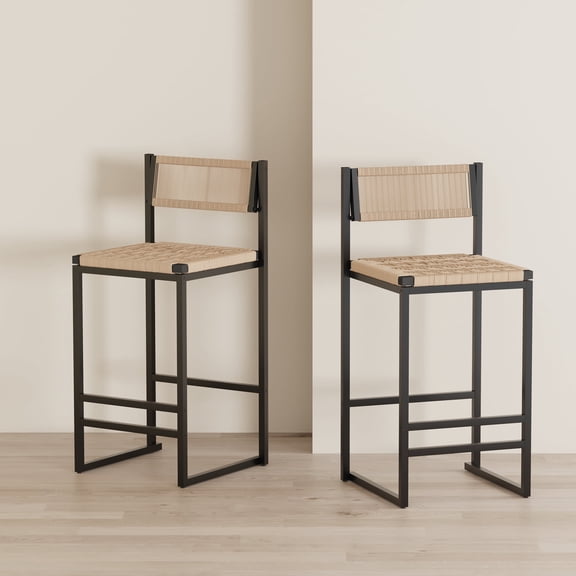 FFZ Paper Rope Bar Stool Set of 2 with Footrest and Adjustable Legs, 14.96 x 15.15 x 34.84 inch, Honey