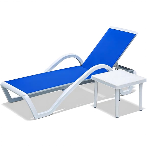FFZ Adjustable Aluminum Pool Lounge Chair with Plastic Table, 67.06 x 45.07 x 37.18 inch, Blue