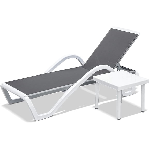 FFZ Adjustable Aluminum Pool Lounge Chair with Textilene Mesh and Plastic Table, 67.06 x 45.07 x 37.18, Gray