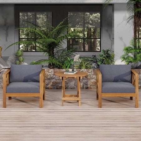FFZ 2-Piece Outdoor Acacia Wood Club Chair Set with Foldable Side Table, Dark Gray