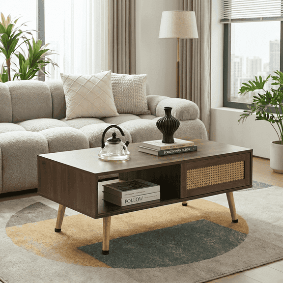 FFZ PE Rattan Coffee Table with Sliding Door and Solid Wood Legs, 41.34 x 21.65 x 16.34 inch, Walnut