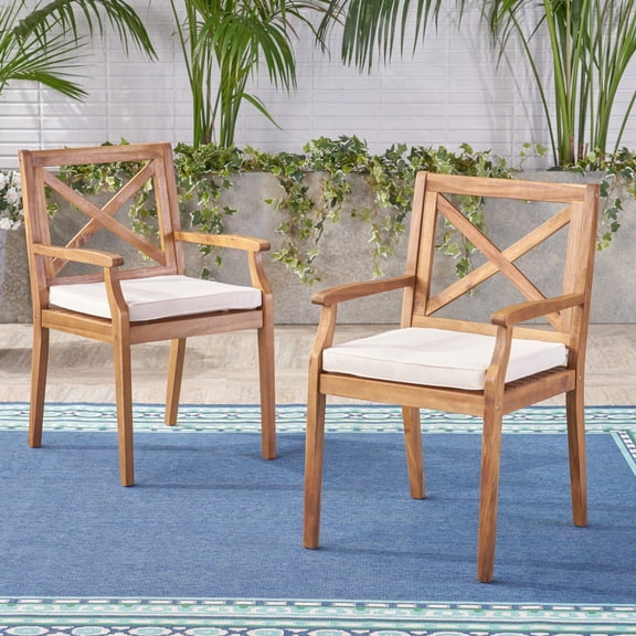 FFZ PERLA Dining Chair Set of 2 with Acacia Wood Arms and Cream Cushions, 21.25 x 23.5 x 35.5 inch, Cream