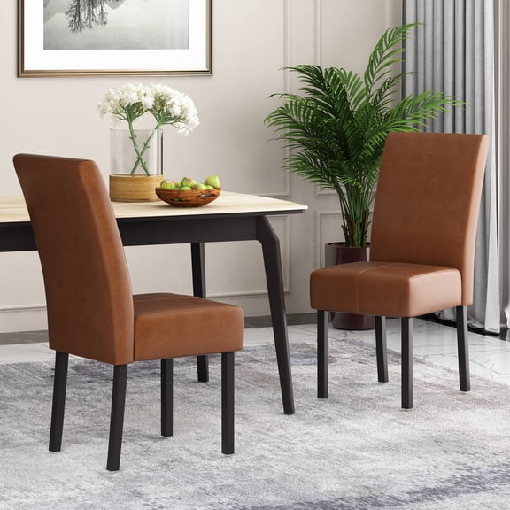 FFZ Set of 2 PU Leather Dining Chairs with T-Stitch Design and Solid Wood Legs, Light Brown