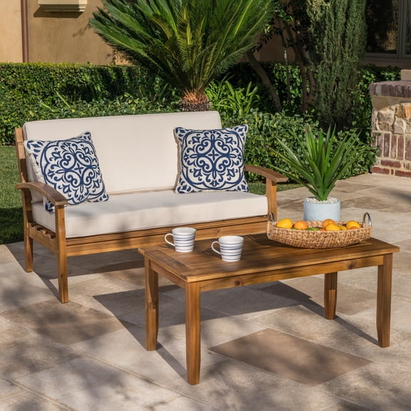 FFZ PEYTON Acacia Wood Loveseat and Coffee Table Set with Water-Resistant Cushions, Teak