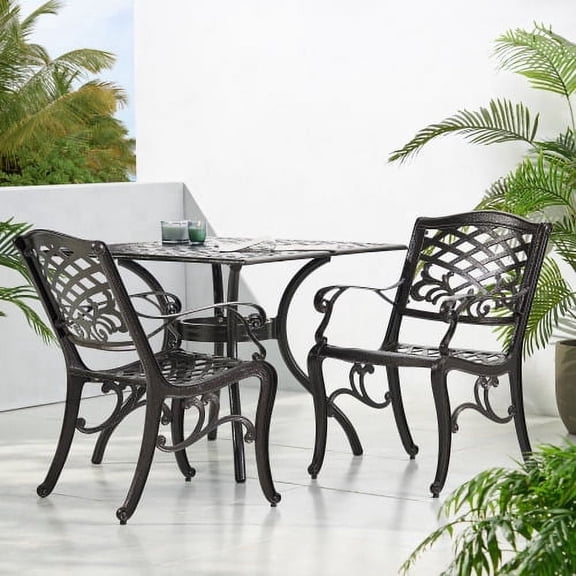 FFZ Phoenix Arm Chair Set of 2 with Cast Aluminium Frame and Floral Accents, 22.3 x 26.3 x 35 inch, Bronze