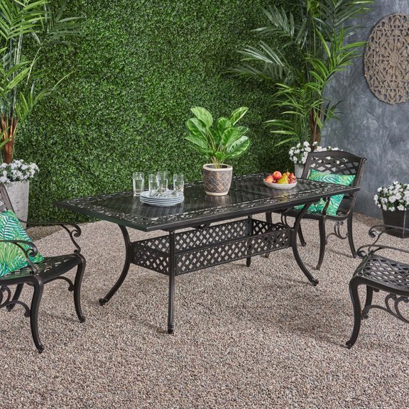 FFZ Expandable Dining Table with Cast Aluminum Frame and Lattice Motif, 63.6 x 37.25 x 29 inch, Natural