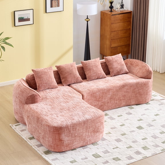 FFZ Pink Chenille L-Shaped Compressed Sofa with Curved Armrests and 4 Throw Pillows, Pink
