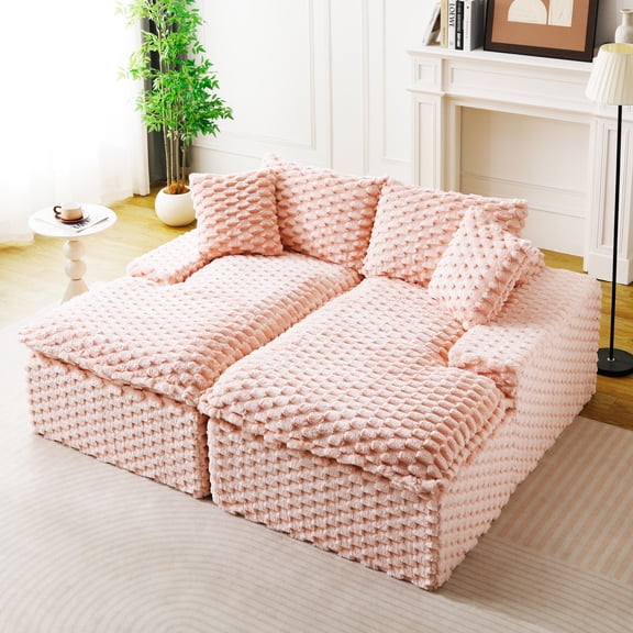 FFZ Turtle Velvet Double Chaise Lounge Lazy Sofa with Full Compressed Sponge, Pink