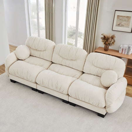 FFZ Pleated Chenille 3-Seater Modular Sofa for Living Room, Beige