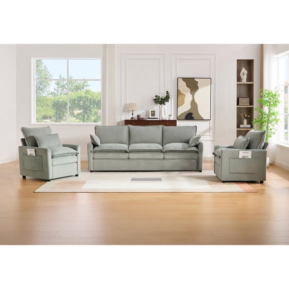 FFZ Plush Faux Fur Sofa Collection with Double-Layer Cushion and Side Storage Pockets, Green
