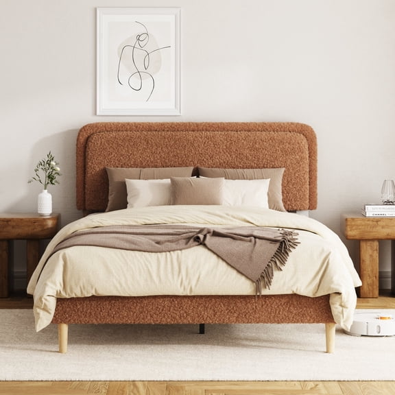 FFZ Plush Upholstered Platform Bed with Adjustable Headboard, Sturdy Frame and Slats, Easy Assembly, Brown