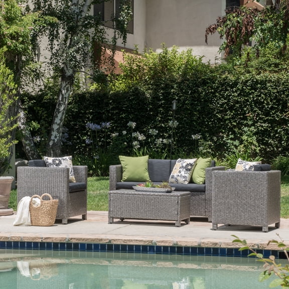 FFZ 4-Piece Outdoor Wicker Chat Set with Loveseat, 2 Club Chairs and Coffee Table, Black