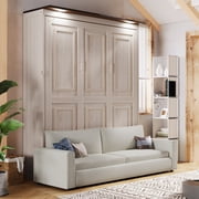 FFZ Queen Murphy Bed with Sofa and LED Lighting, Space-Saving Design, Beige