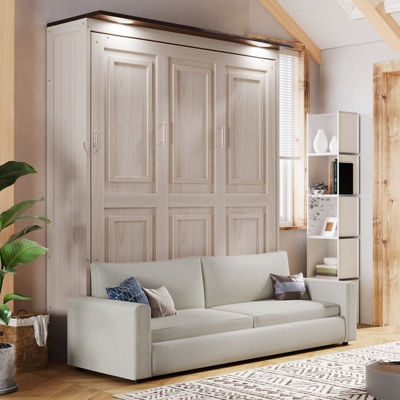 FFZ Queen Murphy Bed with Sofa and LED Lighting, Space-Saving Design, Beige