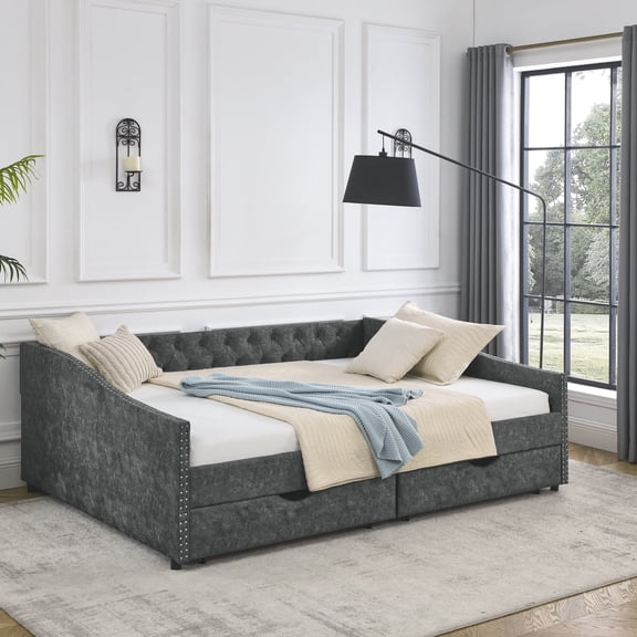 FFZ Queen Upholstered Daybed with Drawers, Button Tufted Back, Copper Nail Waved Arms, 84.5x63.5x26.5, Grey