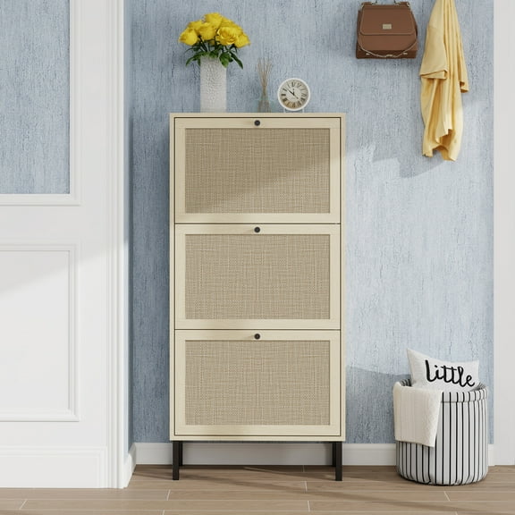 FFZ Rattan 3 Door Shoe Rack Freestanding Shoe Storage Cabinet Entryway