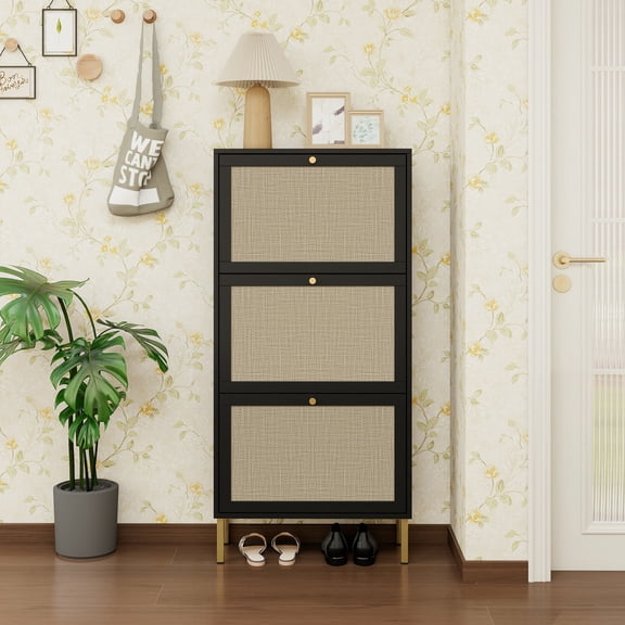 FFZ Rattan 3 Door Freestanding Modern Shoe Storage Rack Cabinet For Entryway