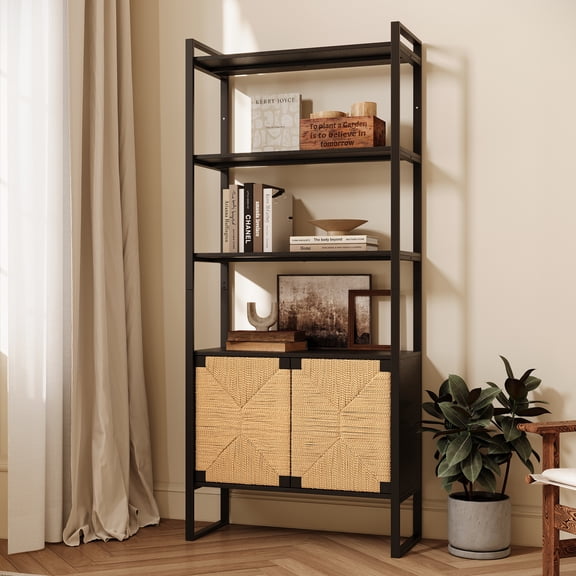 FFZ Rattan Cabinet Storage Bookshelf with Open Display and Closed Cabinet, Black+Brown