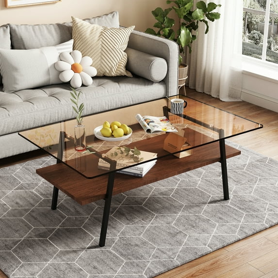 FFZ Rectangle Coffee Table, Tempered Glass top With Black Metal Legs, Modern For Living Room , Brown Glass