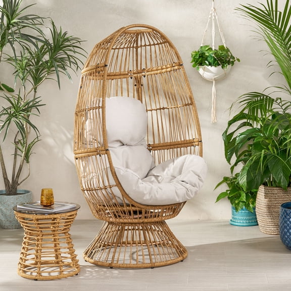 FFZ Swivel Patio Egg Chair with Basket Shape and Water-Resistant Cushion, 30.5 x 28 x 58 inch, Light Brown