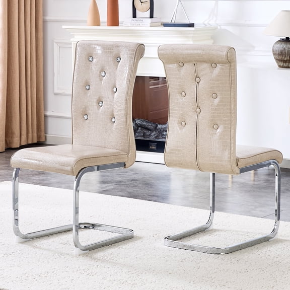 FFZ Set of 2 Retro Alligator Faux Leather Dining Chairs with Crystal Buckle & Metal Legs, Beige
