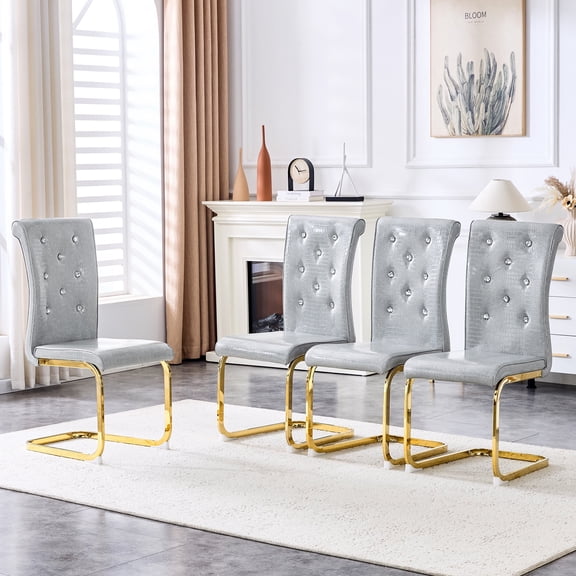 FFZ Set of 4 Alligator-Embossed PU Dining Chairs with Crystal Buckle and Gold Metal Legs, Gray