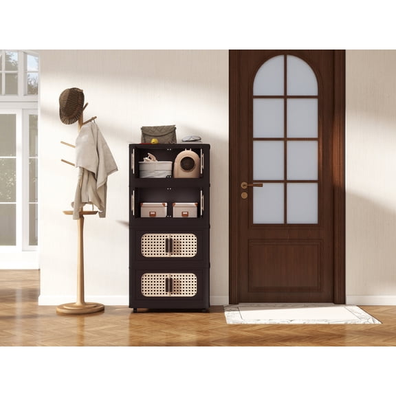 FFZ Retro Folding Storage Cabinet with Magnetic Door and Wheels, 4 Tiers, 19.69 x 11.81 x 40.55 inch, Brown