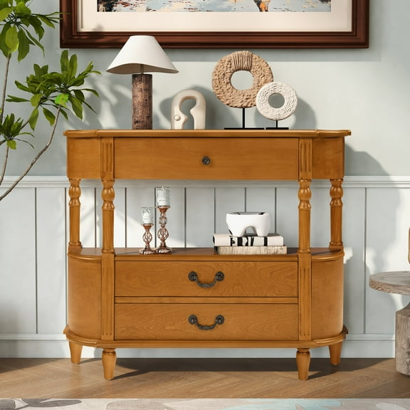 FFZ Retro Curved Wood Console Table with 3 Drawers, 43'' Entry Table with Storage Shelf, Sofa Table Behind Couch with Solid Wood Legs for Living Room Hallway, Brown