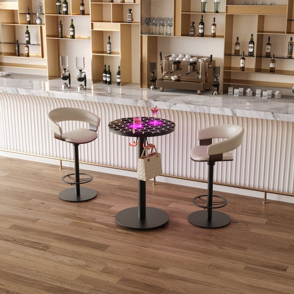 FFZ Round Cocktail Bar Table with Lights and Glass Top, Large Steel Base, 23.62 inch Base, Black