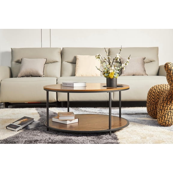 FFZ Round Coffee Table with 2 Storage Layers and Metal Legs, 34.64 inch, Black Brown