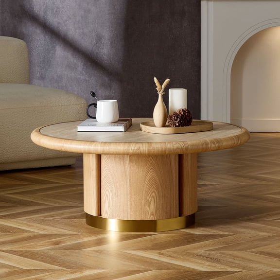 FFZ 35.43 inch Round Coffee Table with Sintered Stone Top and MDF Pedestal, Natural