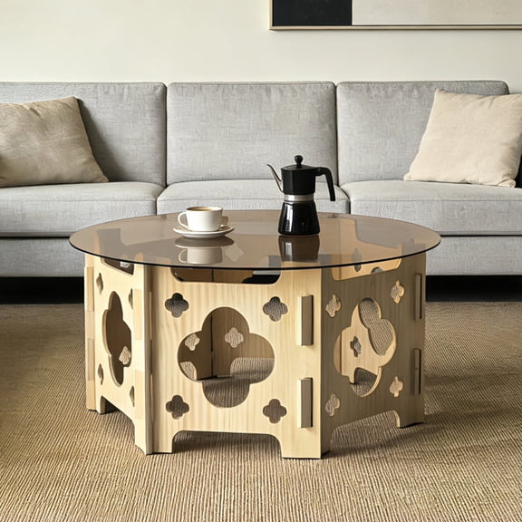 FFZ Round Coffee Table with Hollow Flower Base and Glass Top, 31.1 x 31.1 x 15.75 inch, Natural Wood+Caramel