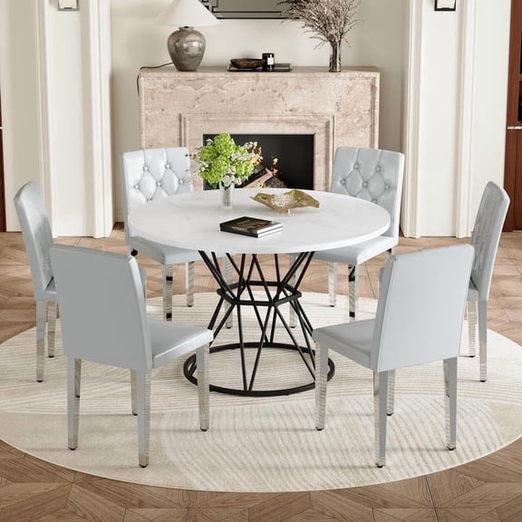FFZ Round Dining Table Set with 6 PU Chairs, 47.3 inch Table, Light Gray