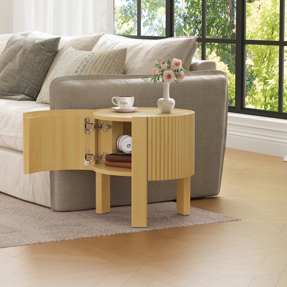 FFZ Round Fluted Side Table with Storage and Soft-Close Door, 19.6 x 19.6 x 21.3 inch, Natural