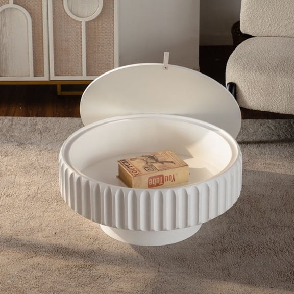 FFZ Round Fluted Storage Table With Lift-Off Lid, Sleek Texture, Perfect For Modern Living