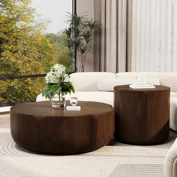 FFZ Round Wood Grain Drum Coffee Table Set of 2 with Tulip Shape, Magnesium Oxide, Brown