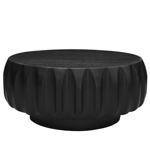 FFZ Round Solid Wood Carved Coffee Table with Elegant Sculptural Design, Black
