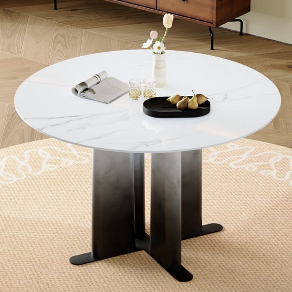 FFZ Round White Marble Pattern Dining Table with Gradient Legs, 47.3 x 47.3 x 30 inch, White