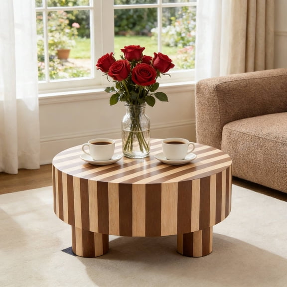 FFZ Round Coffee Table with Striped Design and Natural Finish, 31.49 x 31.49 x 13.77 inch, Natural