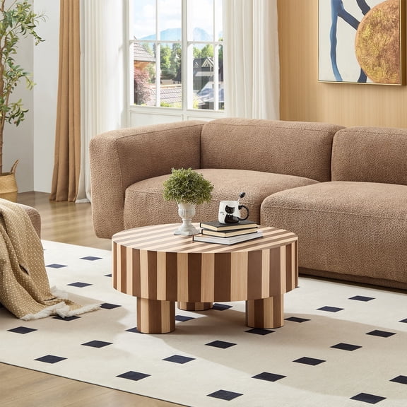 FFZ Round Coffee Table with Striped Design and Natural Finish, 31.49 x 31.49 x 13.77 inch, Natural