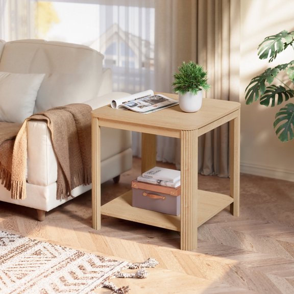 FFZ 2-Tier Rounded Corner End Table with Vertical Wave Legs, 22.1 x 22.1 x 22.2 inch, Oak